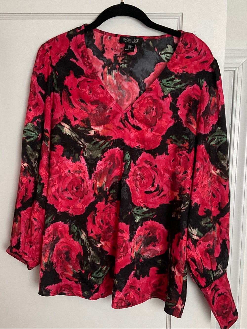 Rachel Zoe Black Blouse with Bold Red Floral Print